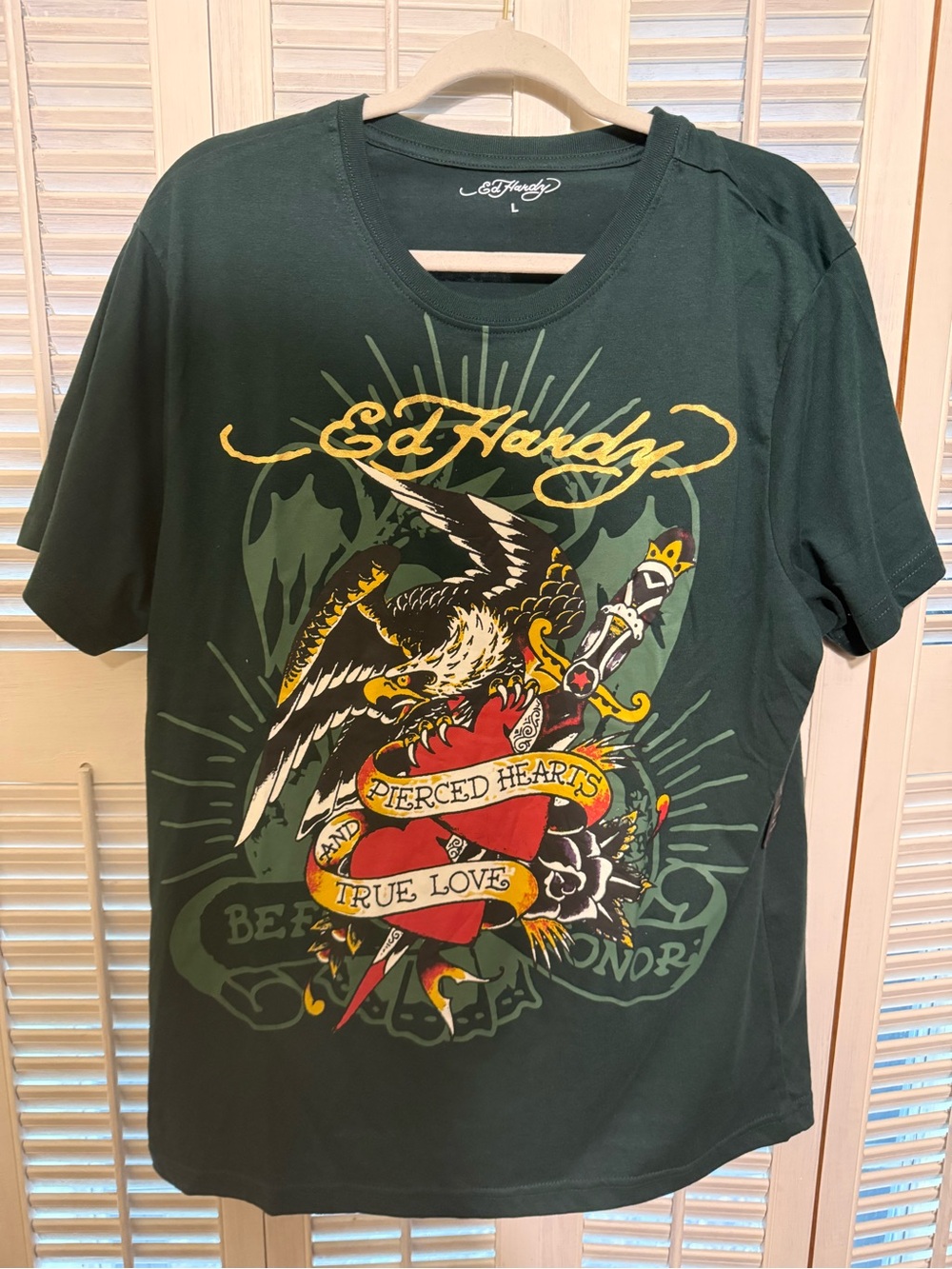 Ed Hardy Dark Green Short Sleeve Graphic Tee with Multicolor Tattoo Print